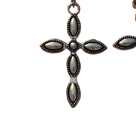 Silver Textured Design Christian Cross Drop Earrings - Picture 2 of 4